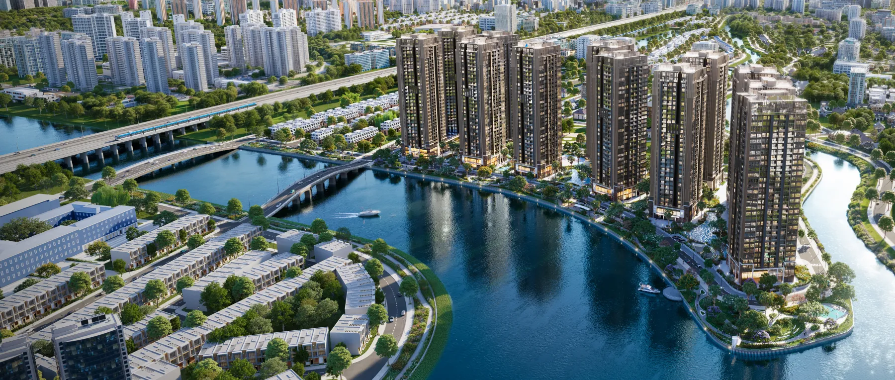 Phối cảnh trên cao bán đảo The Privé với các cụm tháp và sông bao quanh