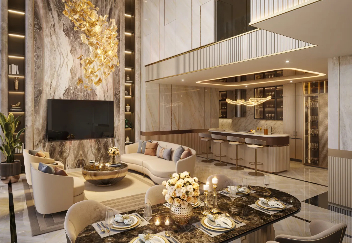 Phòng khách Garden Duplex trần cao, đèn chùm nghệ thuật