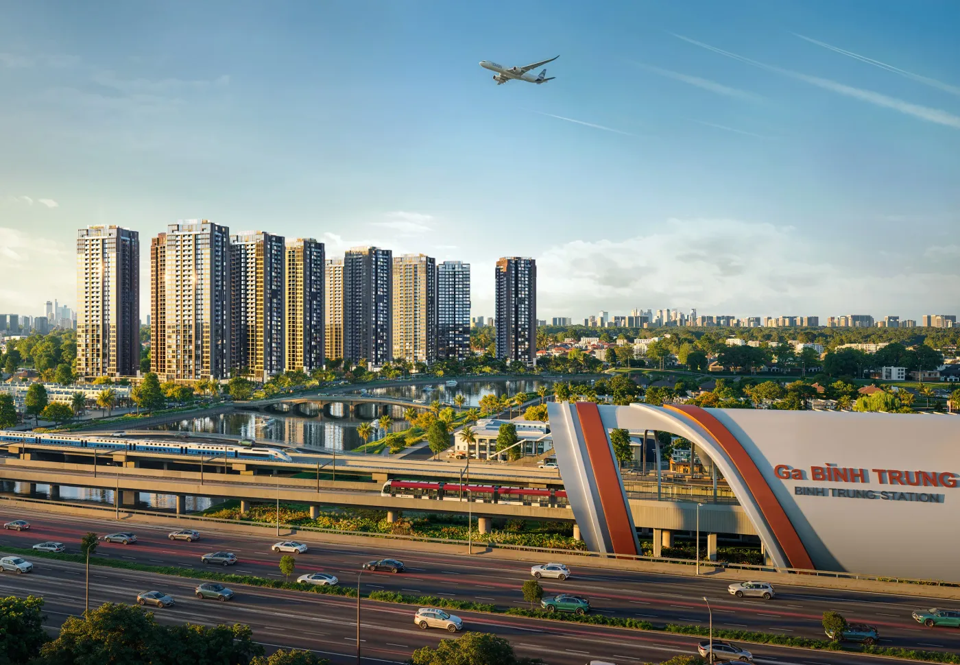 Phối cảnh ga Bình Trưng và cụm tháp The Privé phía sau