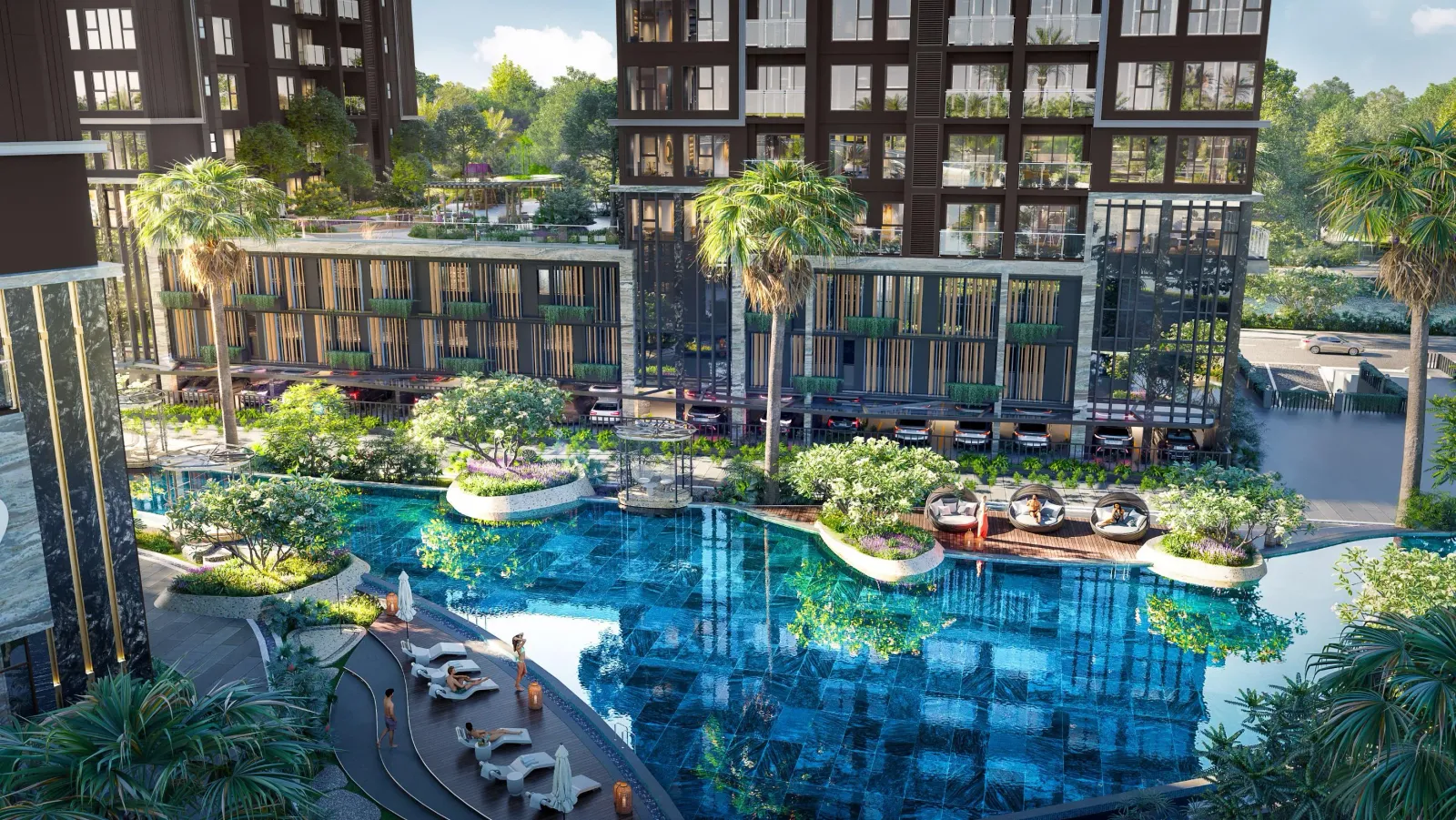 Hồ bơi giữa vườn nhiệt đới dưới chân tháp