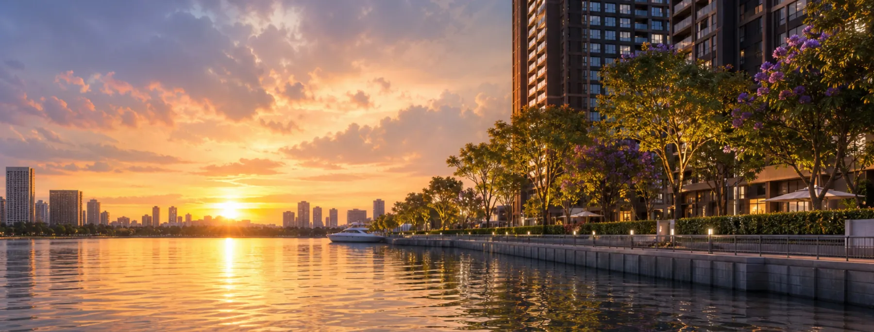 Đường dạo ven sông lúc hoàng hôn