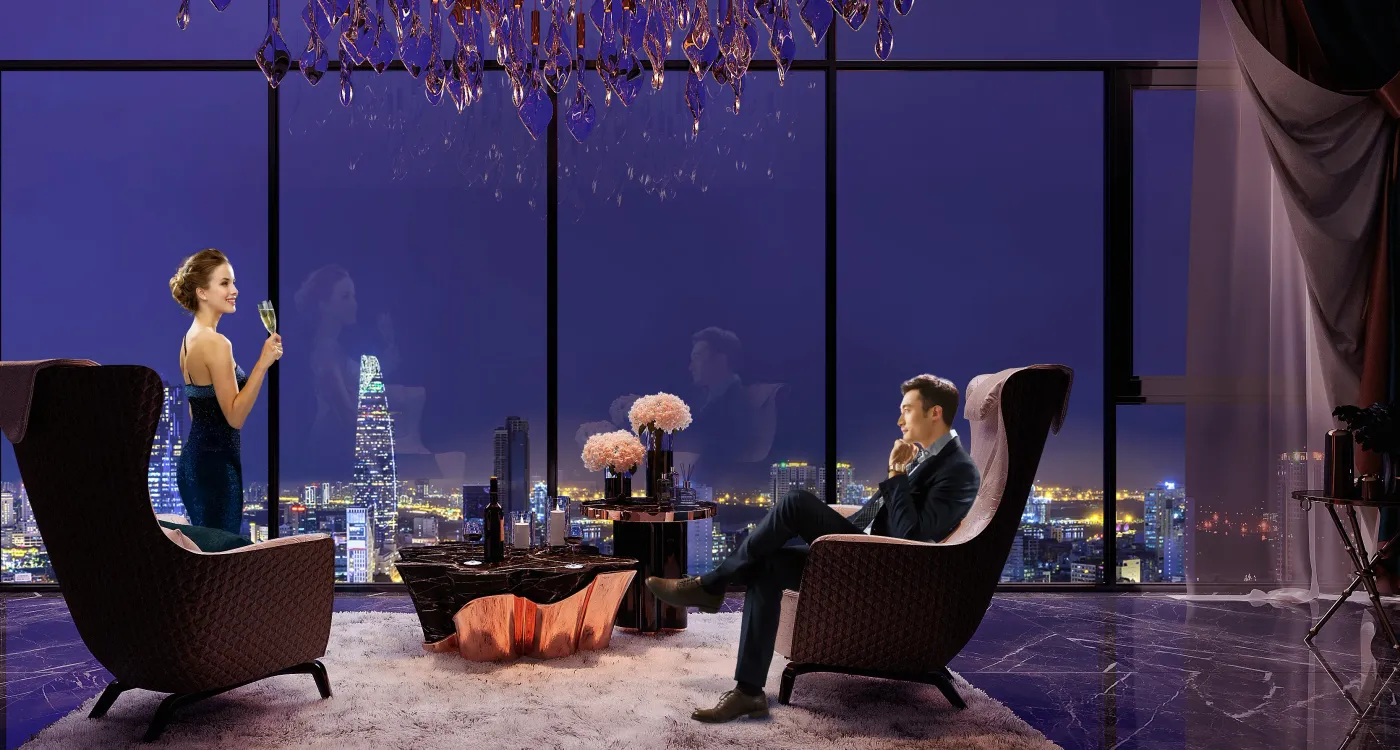 Phòng khách Sky Duplex về đêm nhìn ra Landmark 81