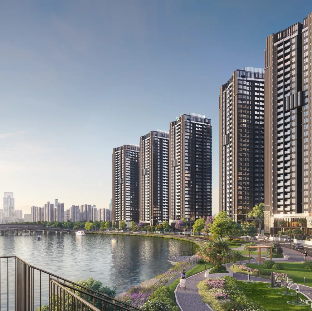 Cụm tháp ven sông với lối dạo xanh